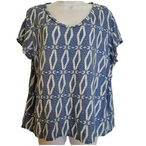 New Directions 1X Blue White Aztec Pattern Short Sleeve Shirt
